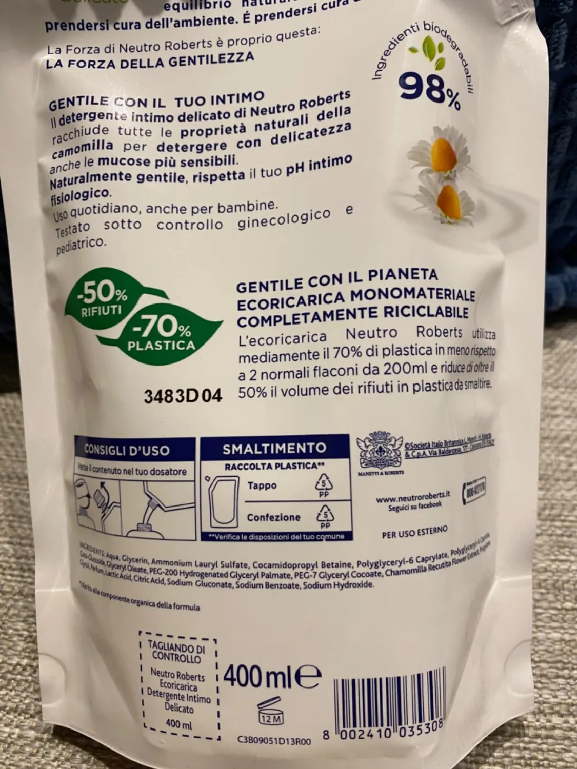Neutro Roberts Intimo Camomilla detergente intimo 400 ml pelli sensibili