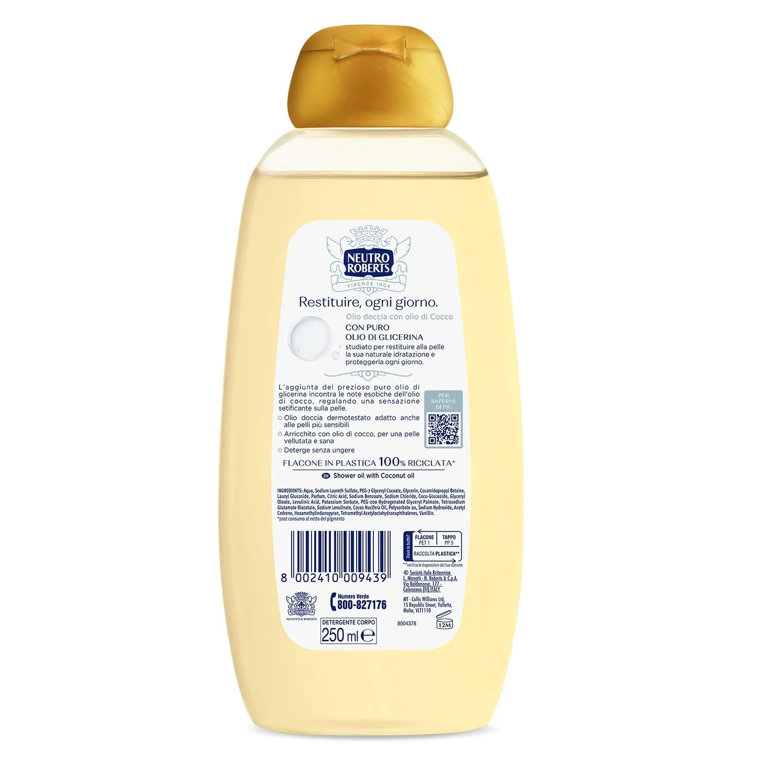 Neutro Roberts Olio Doccia 250 ml Olio di Cocco Pelle Secca
