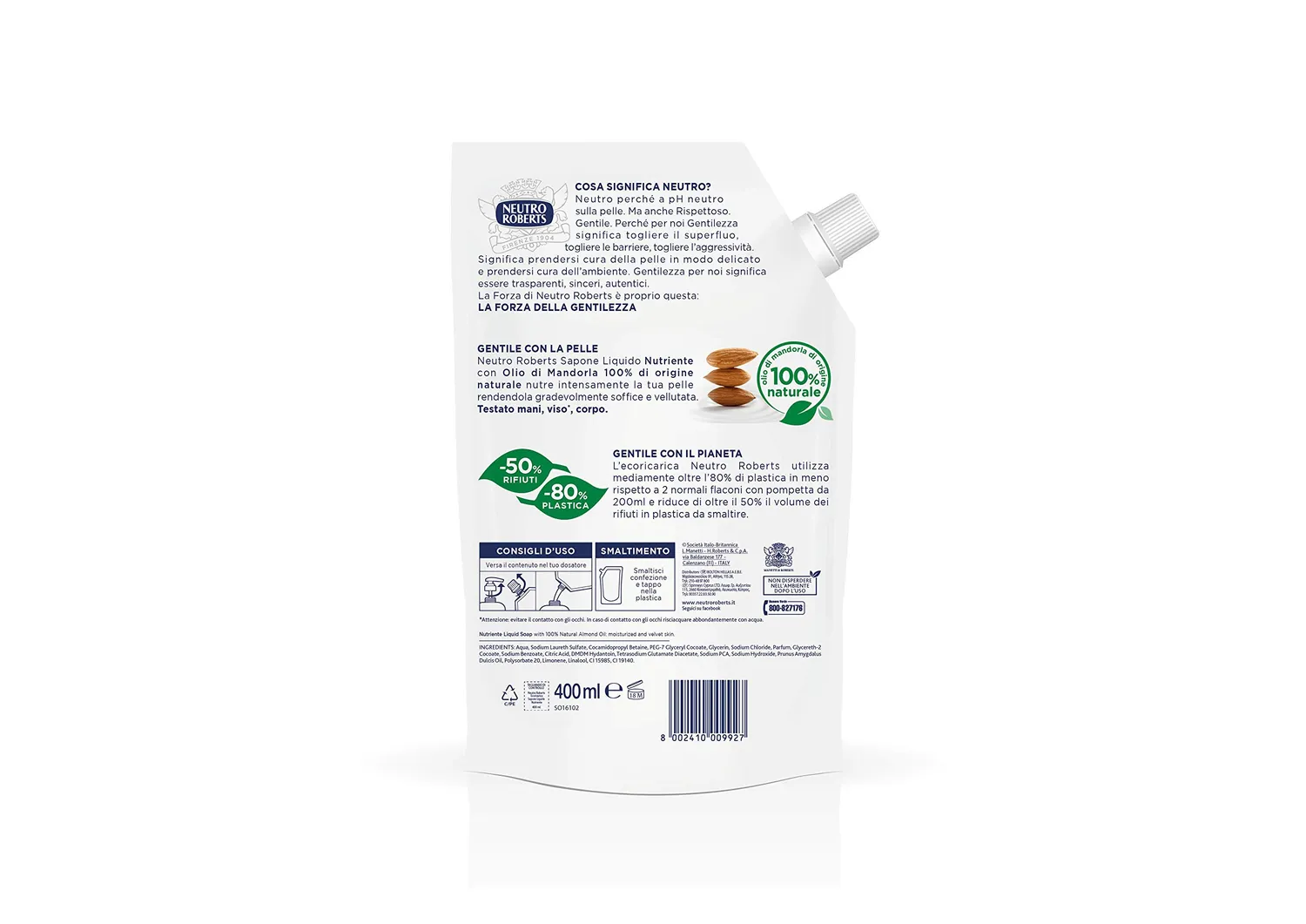 Neutro Roberts Nutriente Sapone Liquido Ricarica 400 ml Mandorla