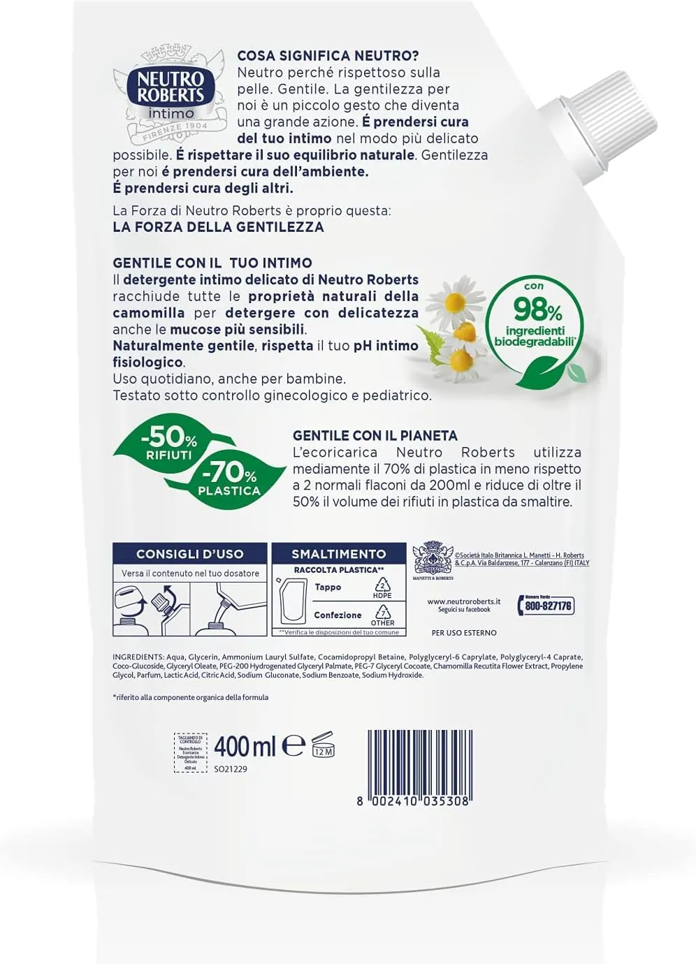 Neutro Roberts Intimo Camomilla detergente intimo 400 ml pelli sensibili
