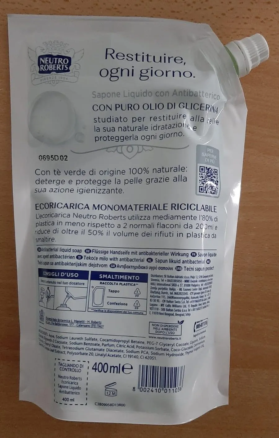 Neutro Roberts Antibatterico Sapone Liquido Ricarica 400 ml Te Verde